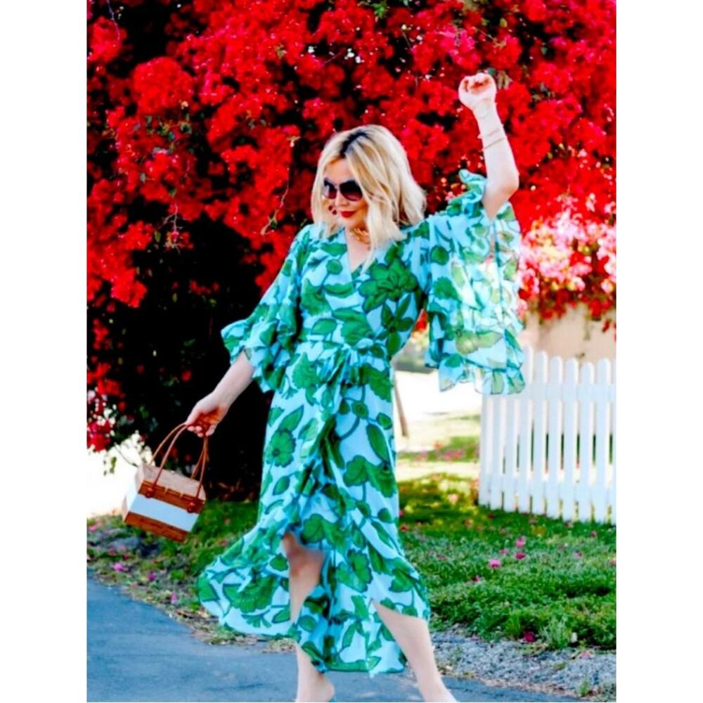 Cabi Derby Dress 5815 M Blue Green Floral Ruffle Sleeve Midi Flowy True Wrap